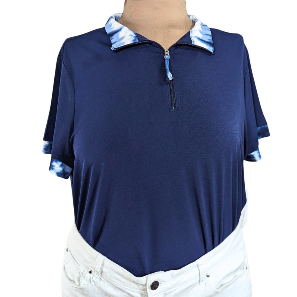 Chico's 3 XL Navy Blue Short Sleeve 1/4 Zip Lightweight Polo w/Tie Dye NWT - Picture 2 of 10